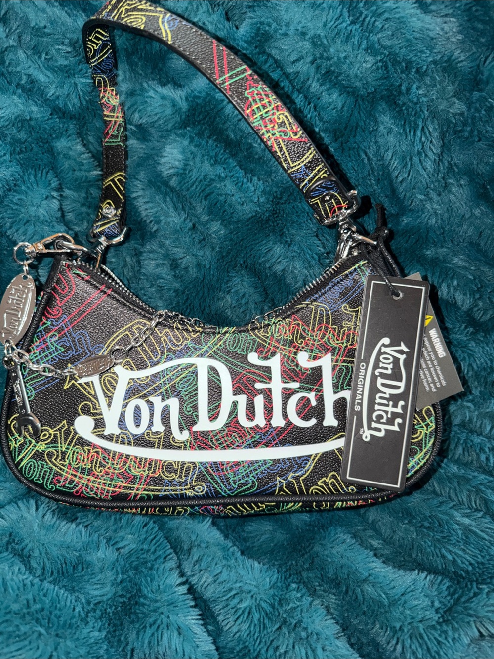NWT Von Dutch Black Shoulder Bag with Multicolor Logo Print